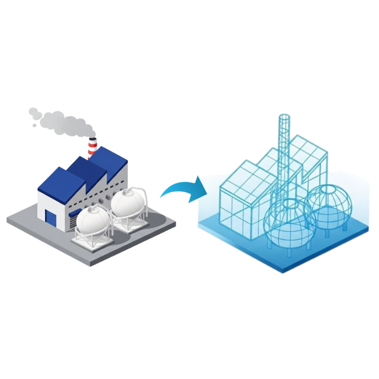 実際の設備管理空間を3Dデータに置き換えるデジタルツインの図